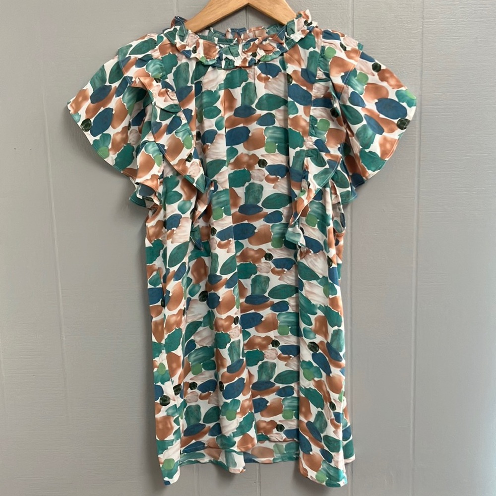 entro Multicolor Ruffle Short-Sleeve Blouse in Teal, Brown, Navy & White
